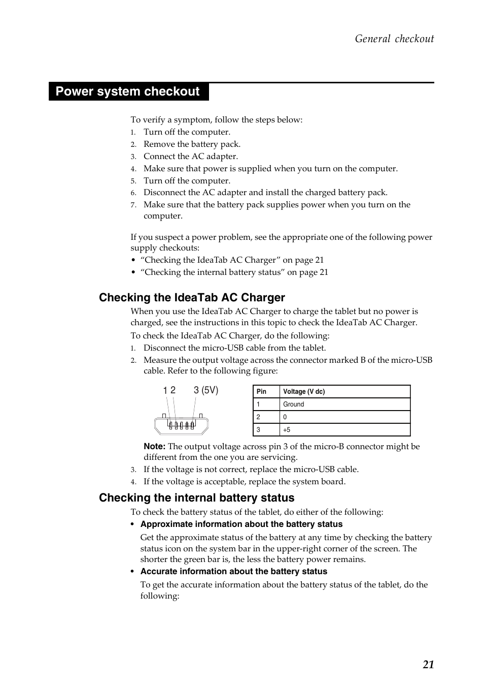 Power system checkout, Checking the ideatab ac charger, Checking the internal battery status | General checkout | Lenovo Yoga Tablet 8 B6000 User Manual | Page 25 / 72