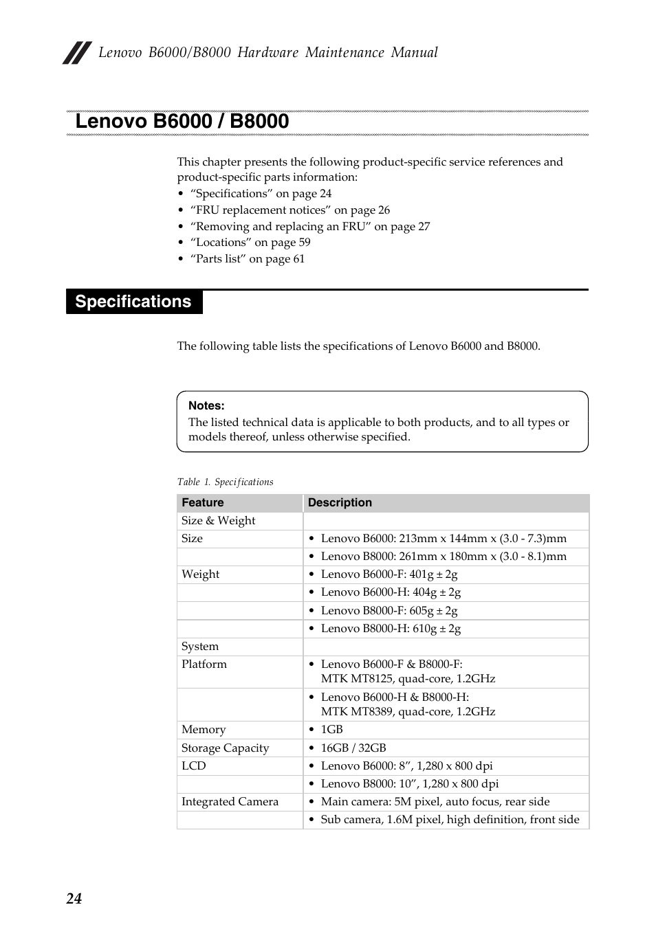 Lenovo b6000 / b8000, Specifications, Lenovo b6000 / b8000 specifications | Lenovo Yoga Tablet 8 B6000 User Manual | Page 28 / 72