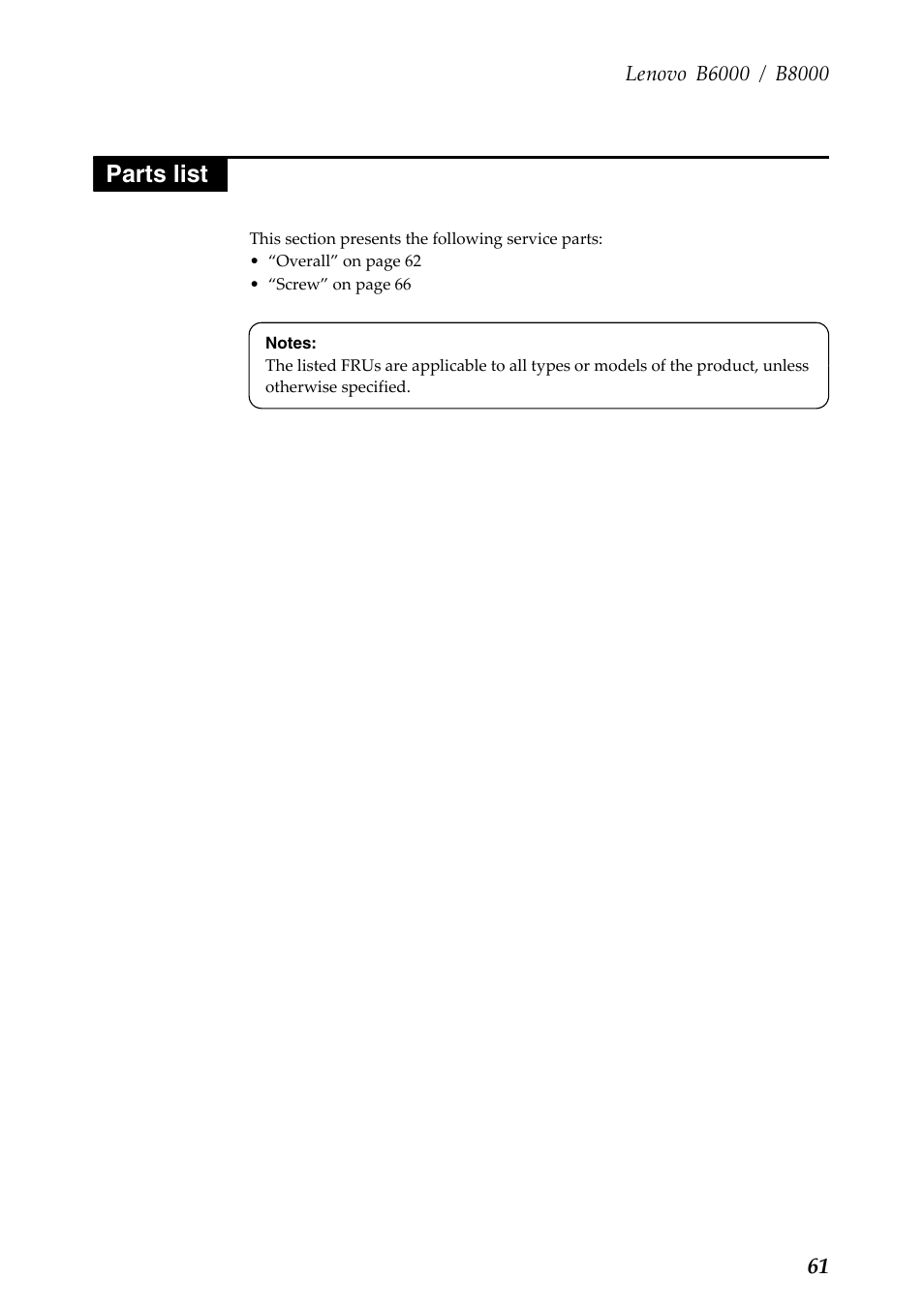 Parts list | Lenovo Yoga Tablet 8 B6000 User Manual | Page 65 / 72