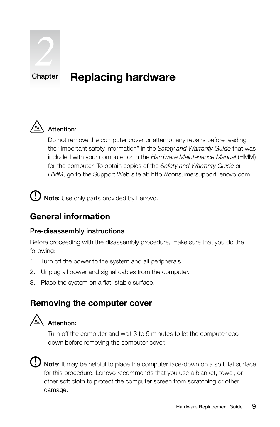 Replacing hardware, General information, Removing the computer cover | Lenovo IdeaCentre B520 User Manual | Page 14 / 29