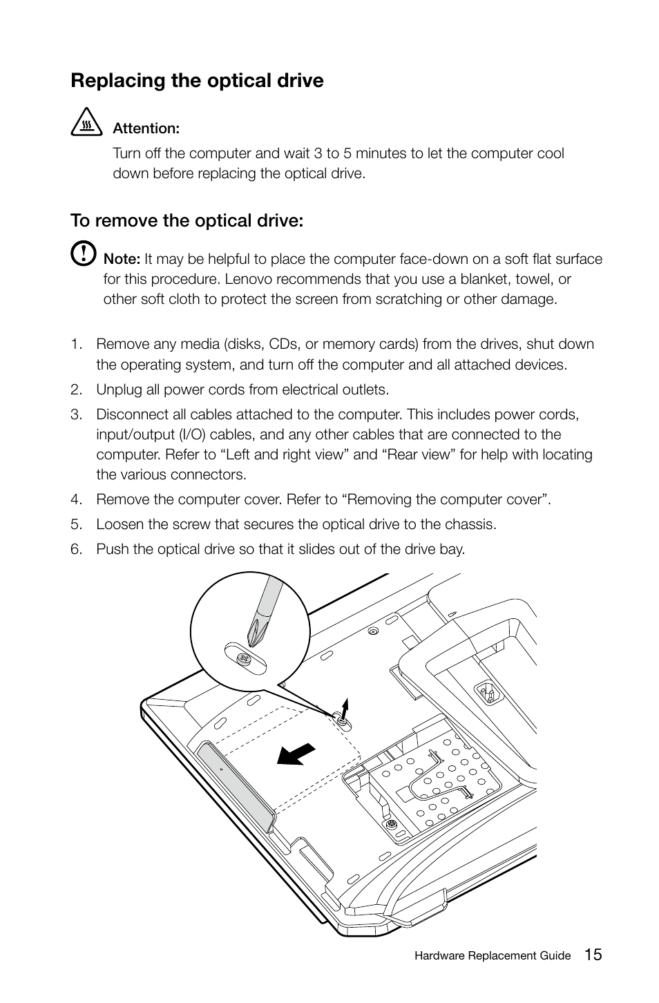 Replacing the optical drive | Lenovo IdeaCentre B520 User Manual | Page 20 / 29
