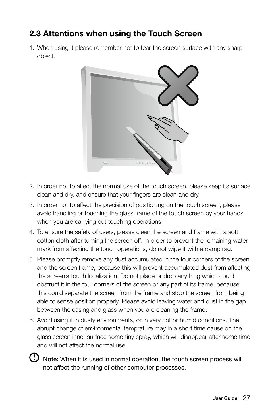3 attentions when using the touch screen | Lenovo IdeaCentre B325 User Manual | Page 32 / 53