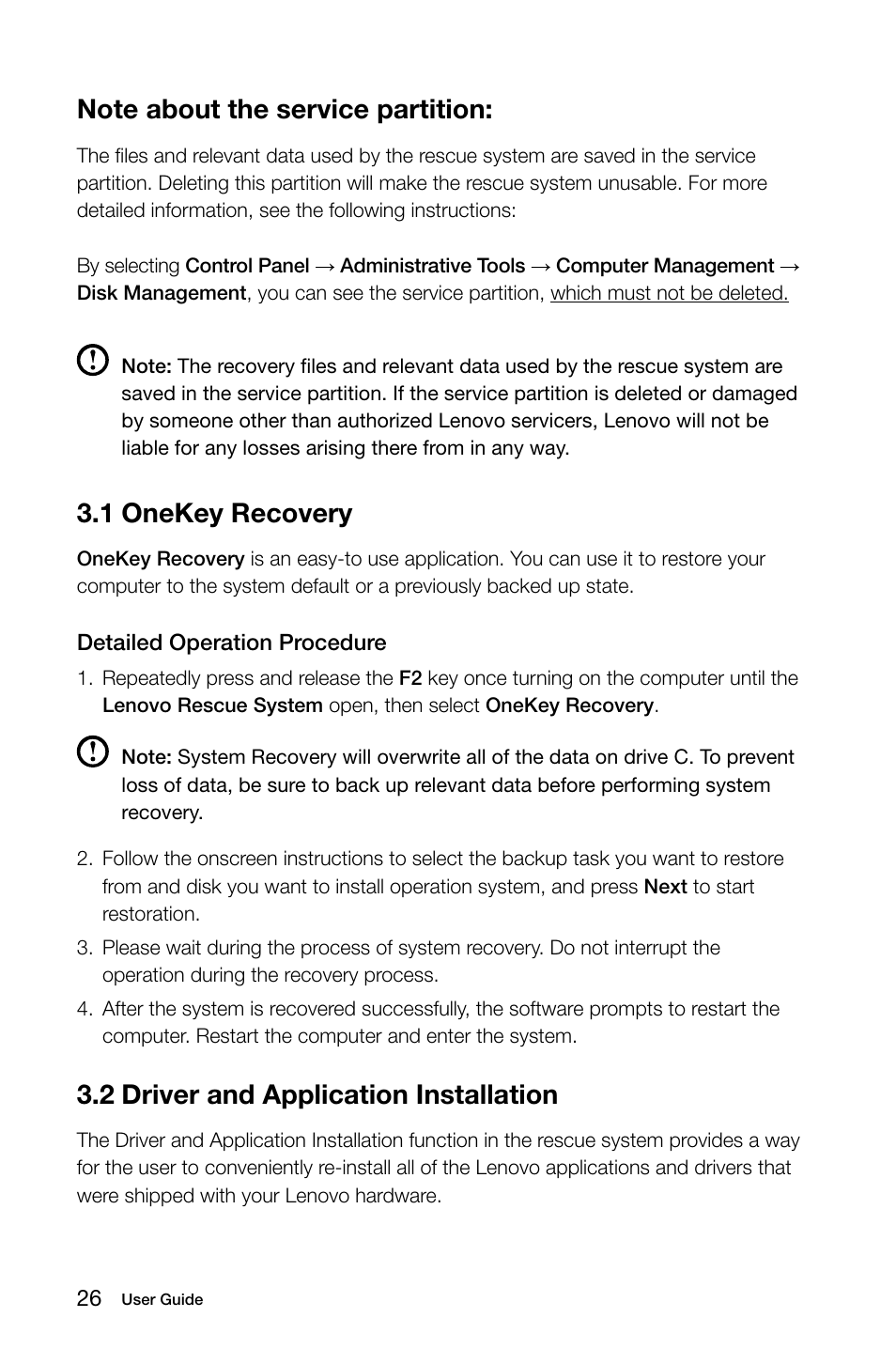 1 onekey recovery, 2 driver and application installation | Lenovo IdeaCentre B520 User Manual | Page 31 / 49