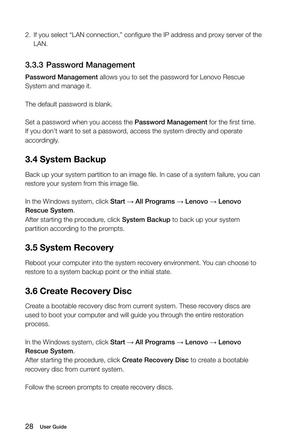 4 system backup, 5 system recovery, 6 create recovery disc | 3 password management | Lenovo IdeaCentre B520 User Manual | Page 33 / 49