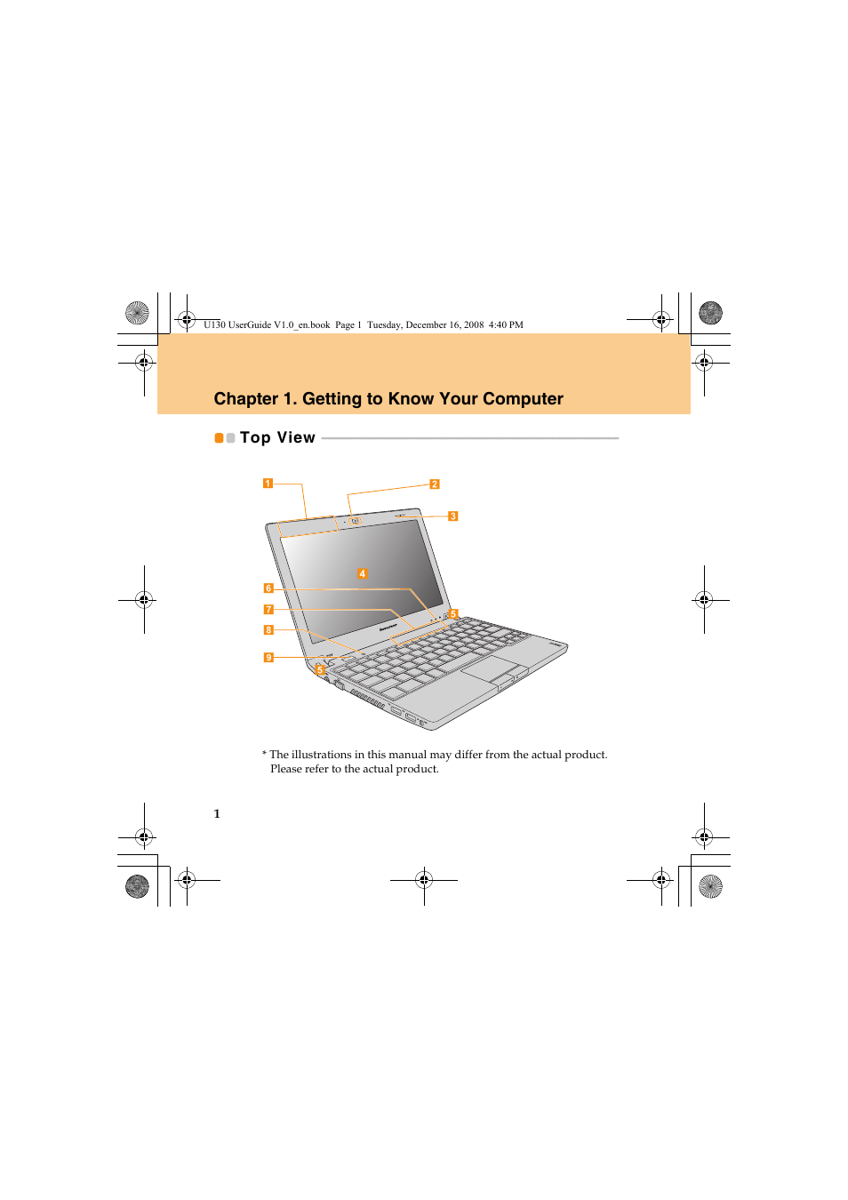 Chapter 1. getting to know your computer, Top view | Lenovo IdeaPad U130 User Manual | Page 10 / 136