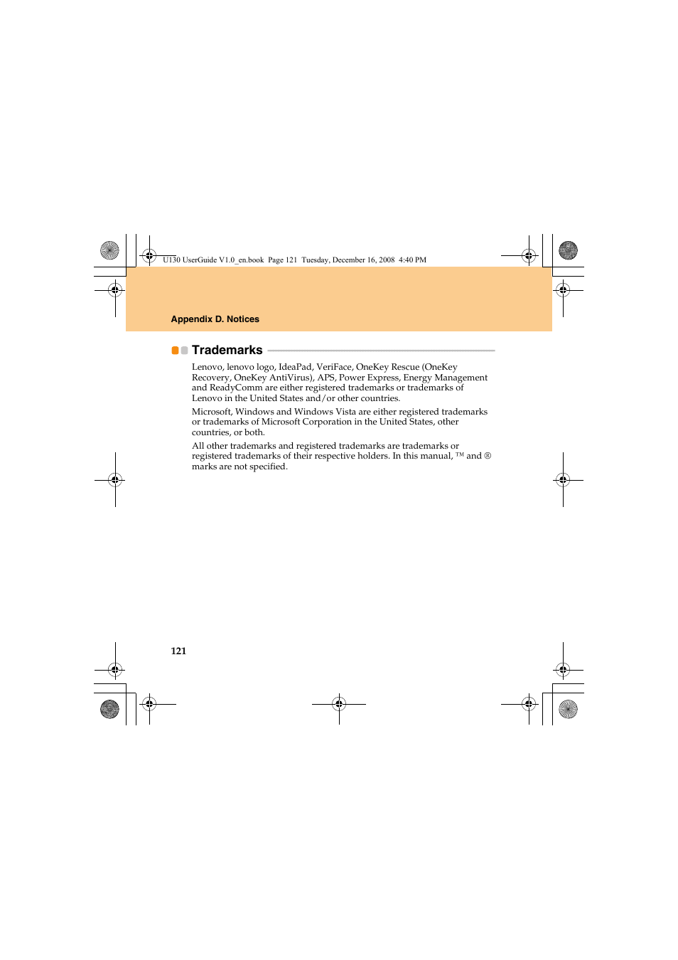 Trademarks | Lenovo IdeaPad U130 User Manual | Page 130 / 136