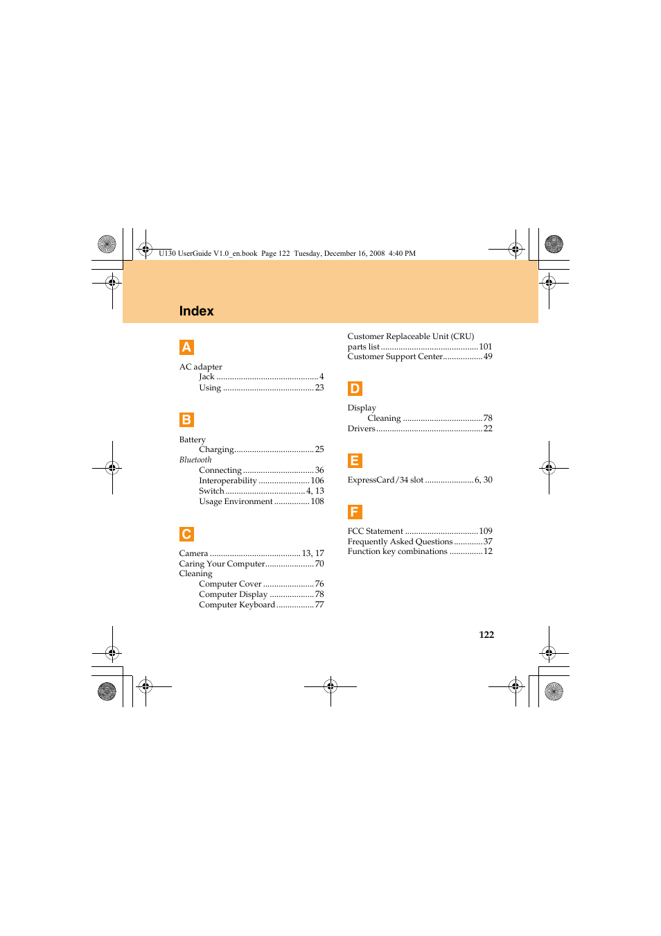 Index, Index a | Lenovo IdeaPad U130 User Manual | Page 131 / 136