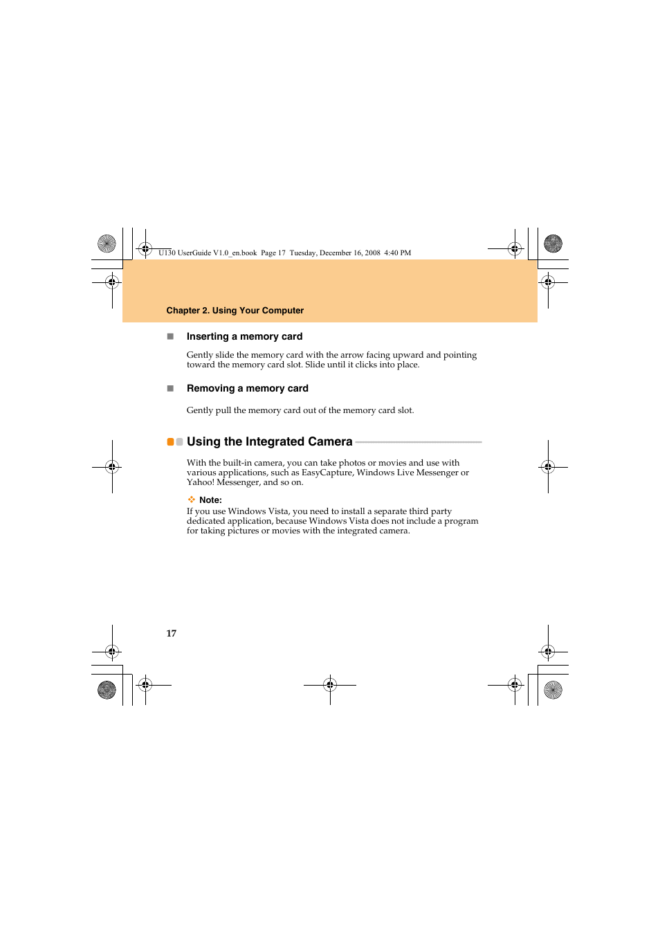 Using the integrated camera | Lenovo IdeaPad U130 User Manual | Page 26 / 136