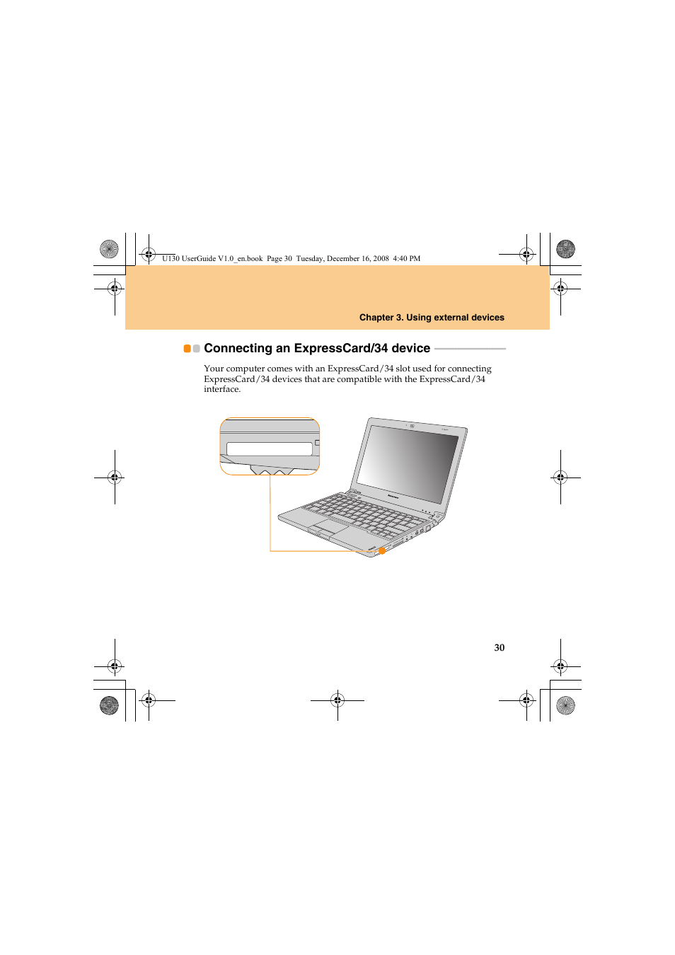 Connecting an expresscard/34 device, Connecting an, Expresscard/34 device | Lenovo IdeaPad U130 User Manual | Page 39 / 136