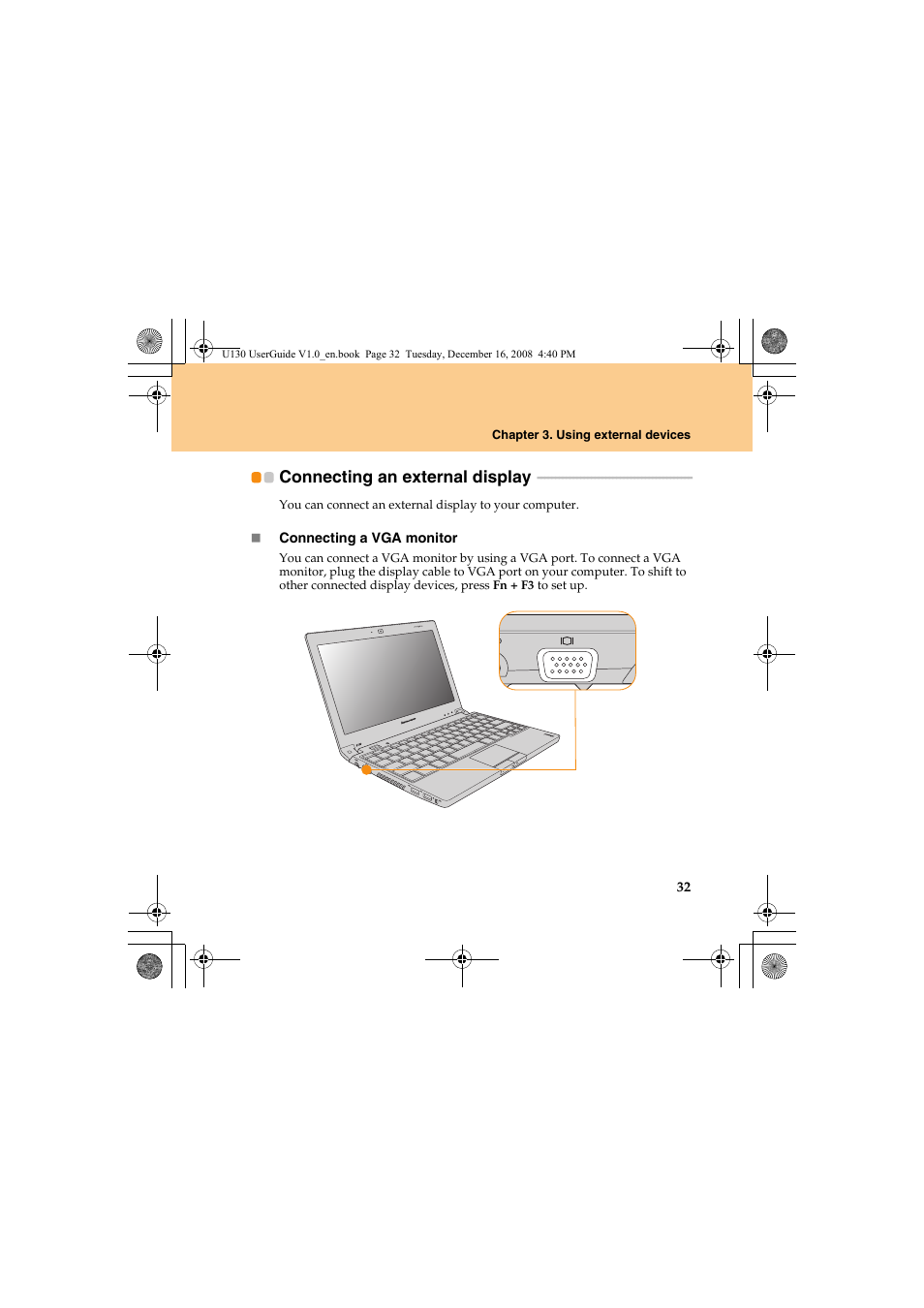 Connecting an external display, Connecting an external, Display | Lenovo IdeaPad U130 User Manual | Page 41 / 136