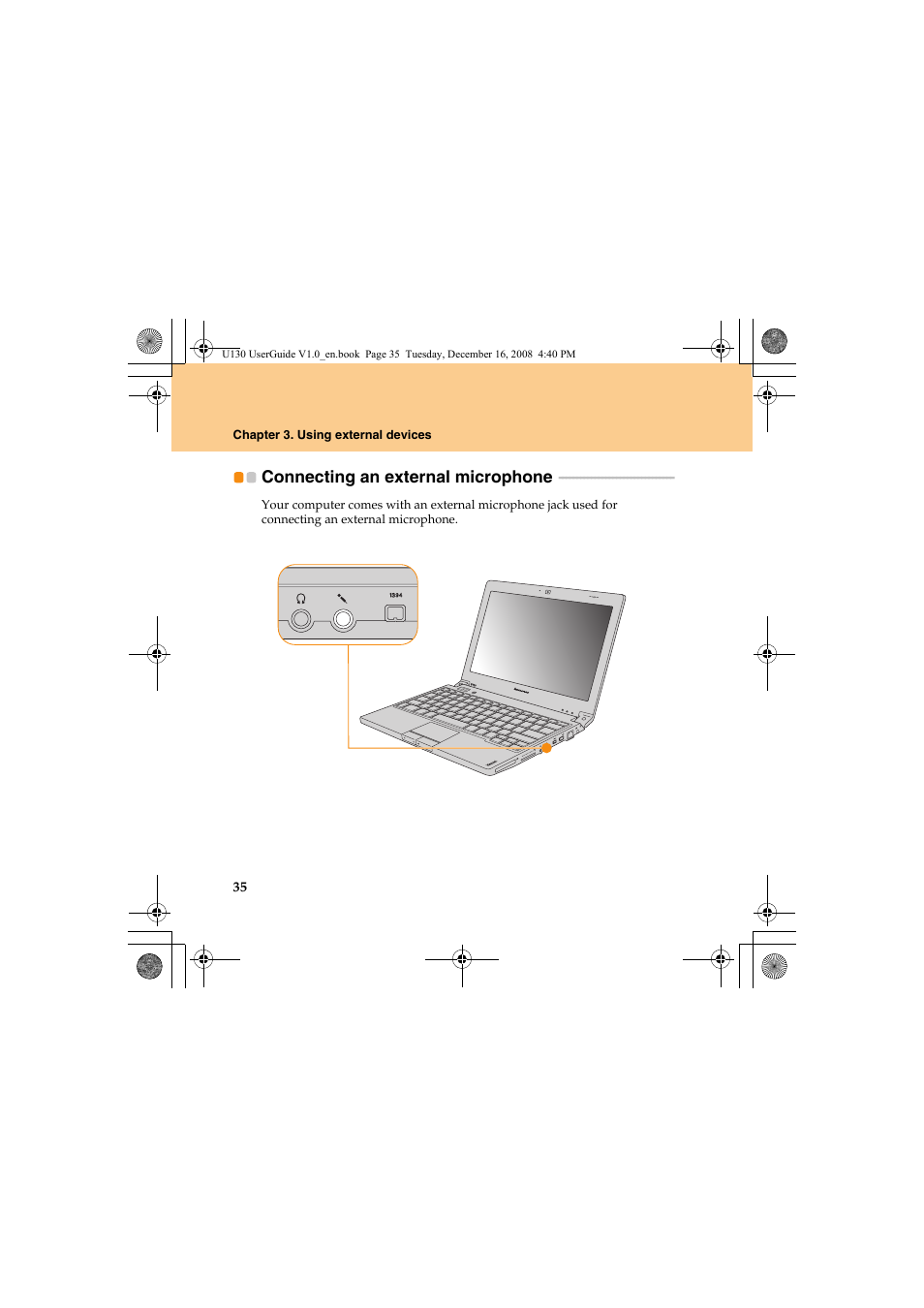 Connecting an external microphone, Connecting an external, Microphone | Lenovo IdeaPad U130 User Manual | Page 44 / 136