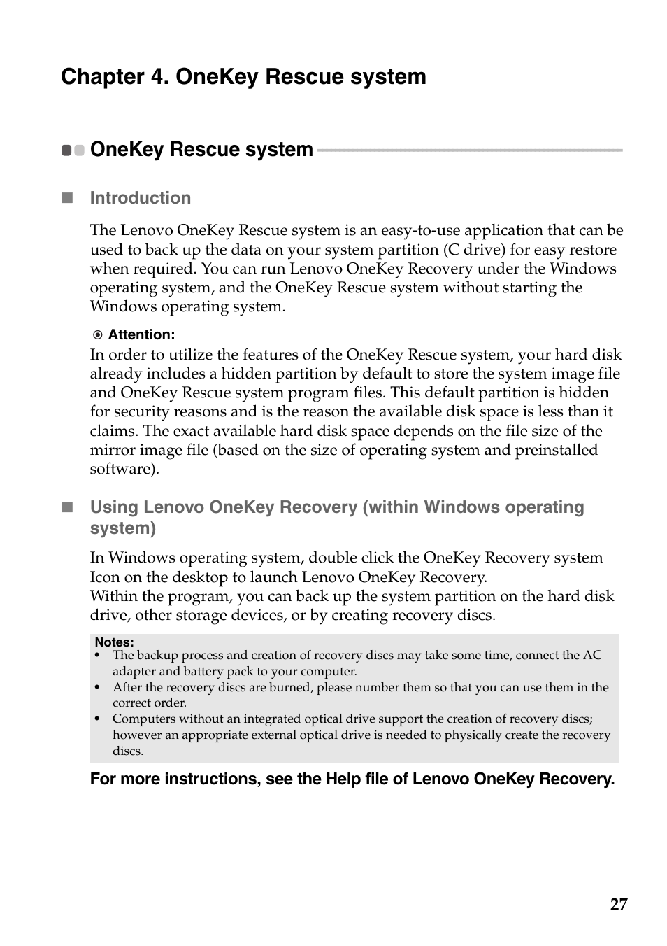 Chapter 4. onekey rescue system, Onekey rescue system | Lenovo IdeaPad S205 User Manual | Page 31 / 46