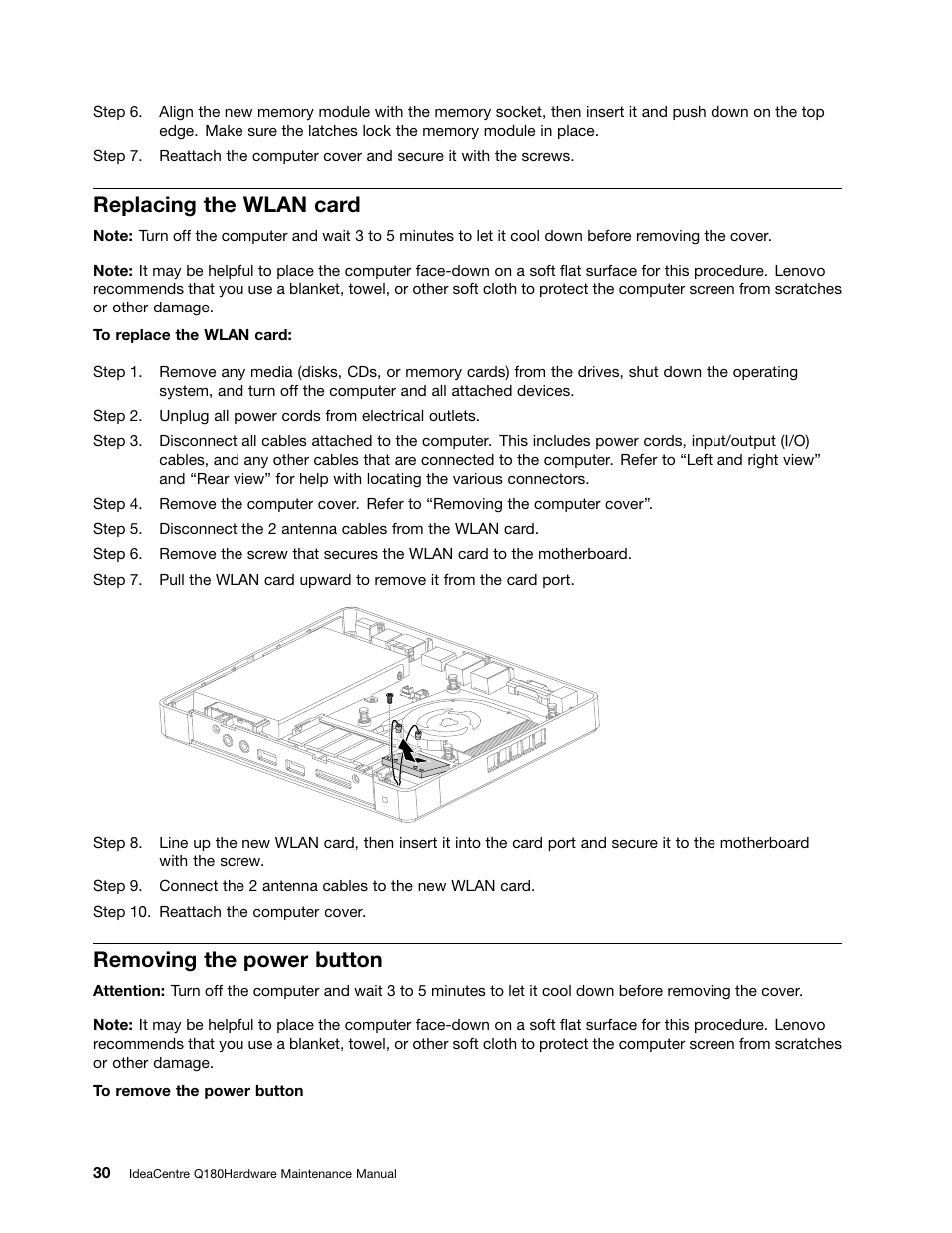 Replacing the wlan card, Removing the power button | Lenovo IdeaCentre Q180 User Manual | Page 36 / 43