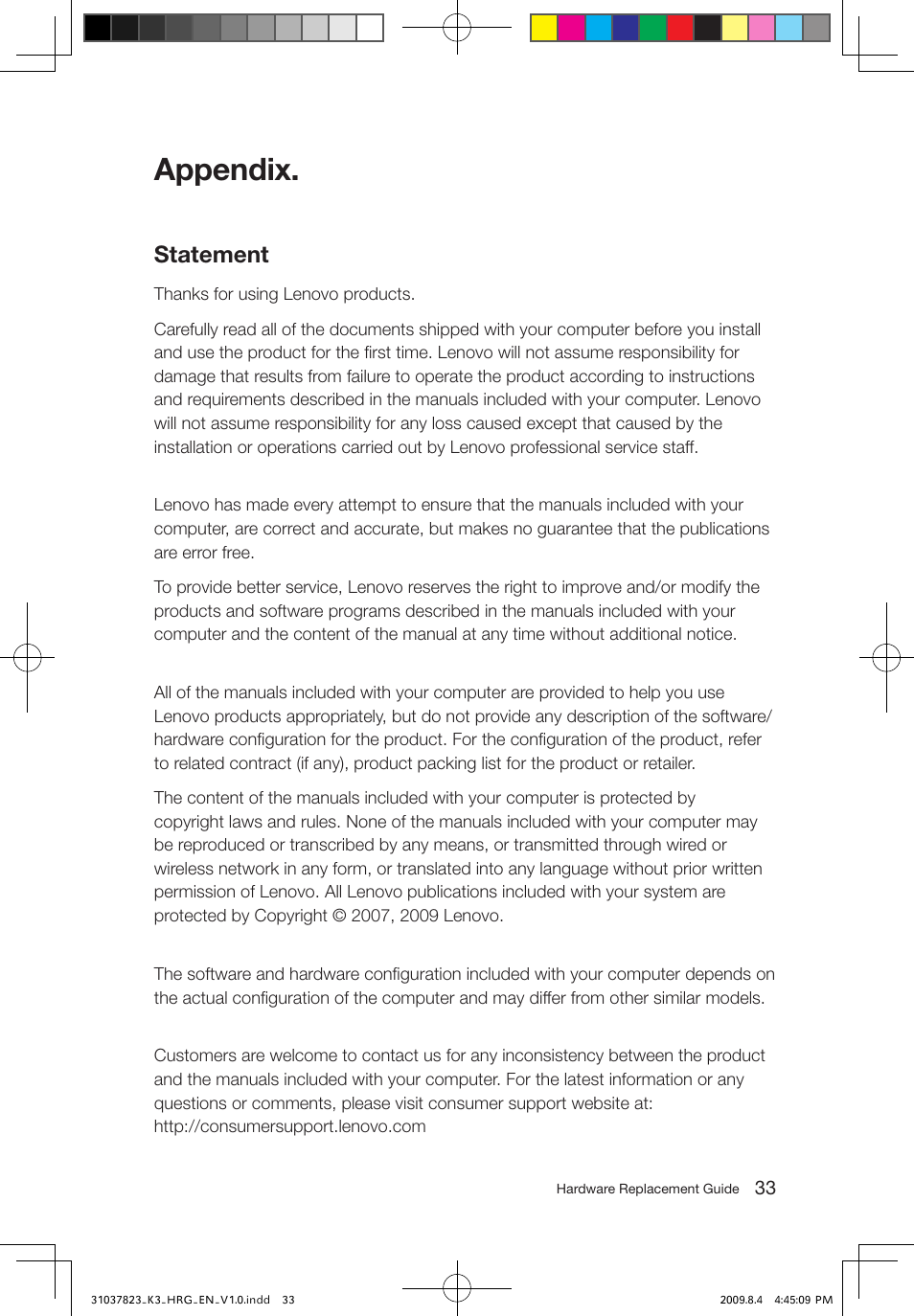 Appendix, Statement | Lenovo IdeaCentre K300 User Manual | Page 36 / 37