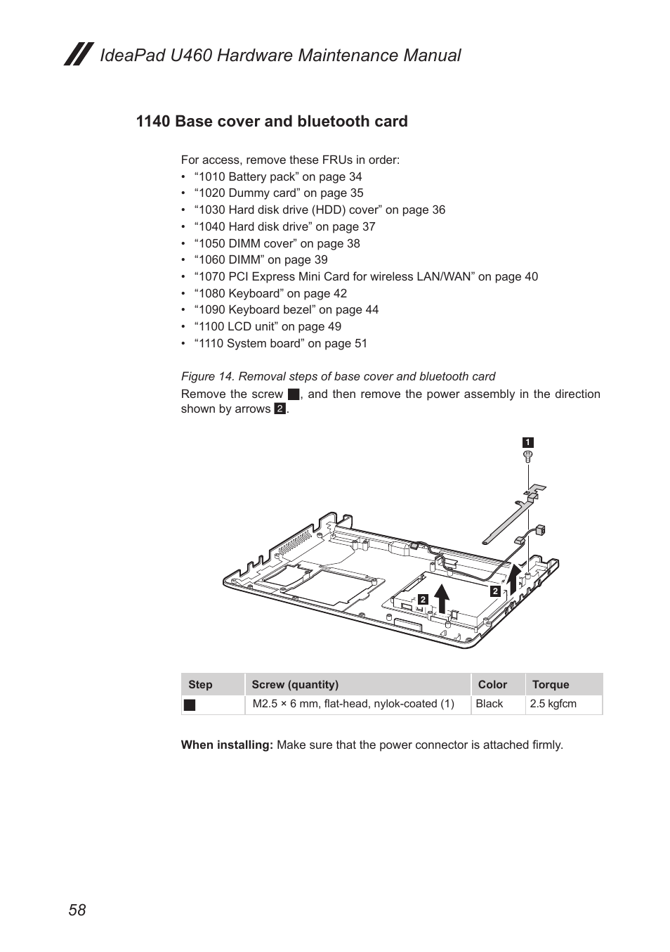 1140 base cover and bluetooth card, Ideapad u460 hardware maintenance manual | Lenovo IdeaPad U460s User Manual | Page 62 / 88