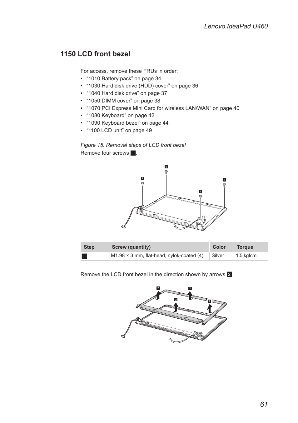 1150 lcd front bezel, Lenovo ideapad u460 | Lenovo IdeaPad U460s User Manual | Page 65 / 88
