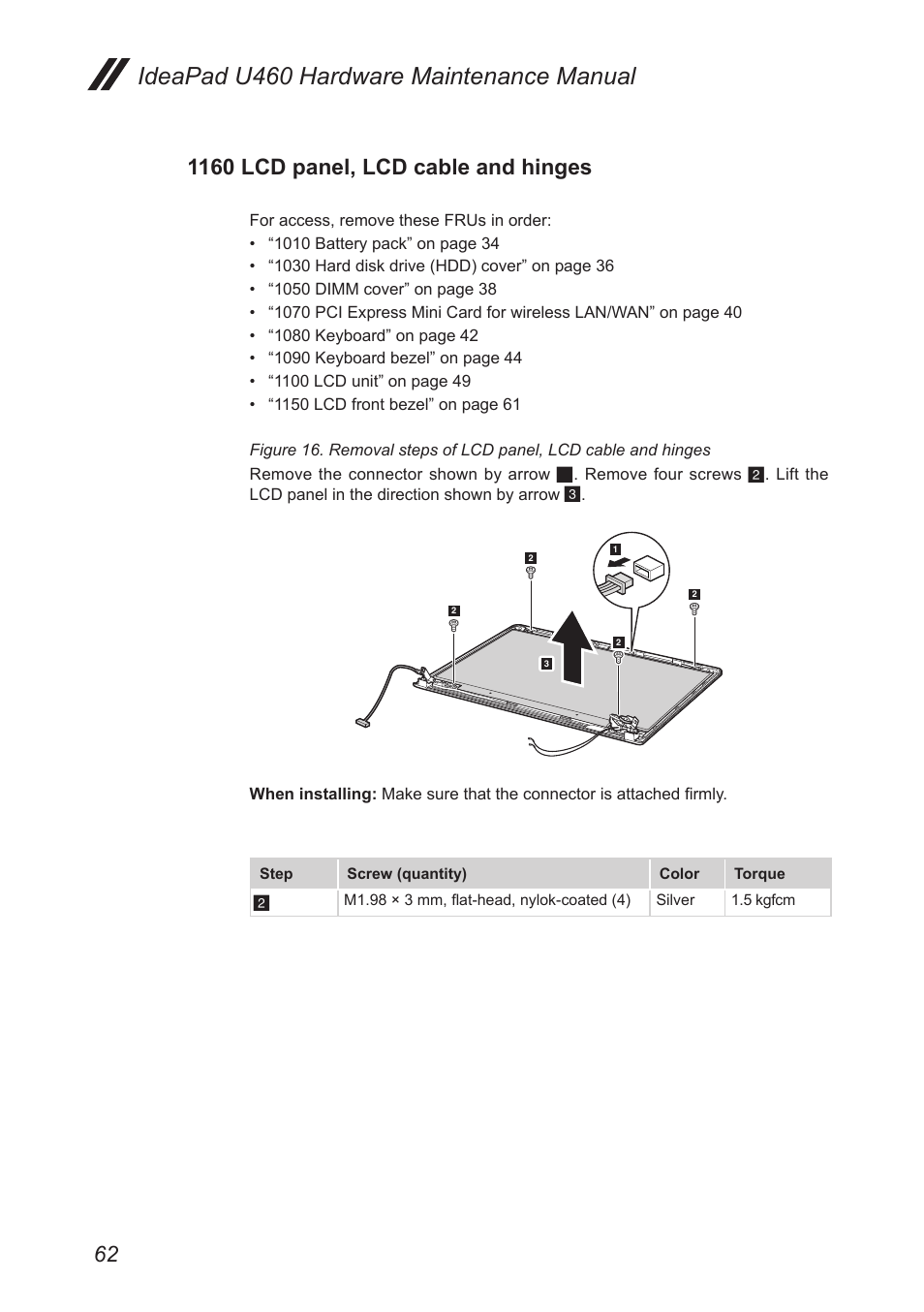 1160 lcd panel, lcd cable and hinges, Ideapad u460 hardware maintenance manual | Lenovo IdeaPad U460s User Manual | Page 66 / 88