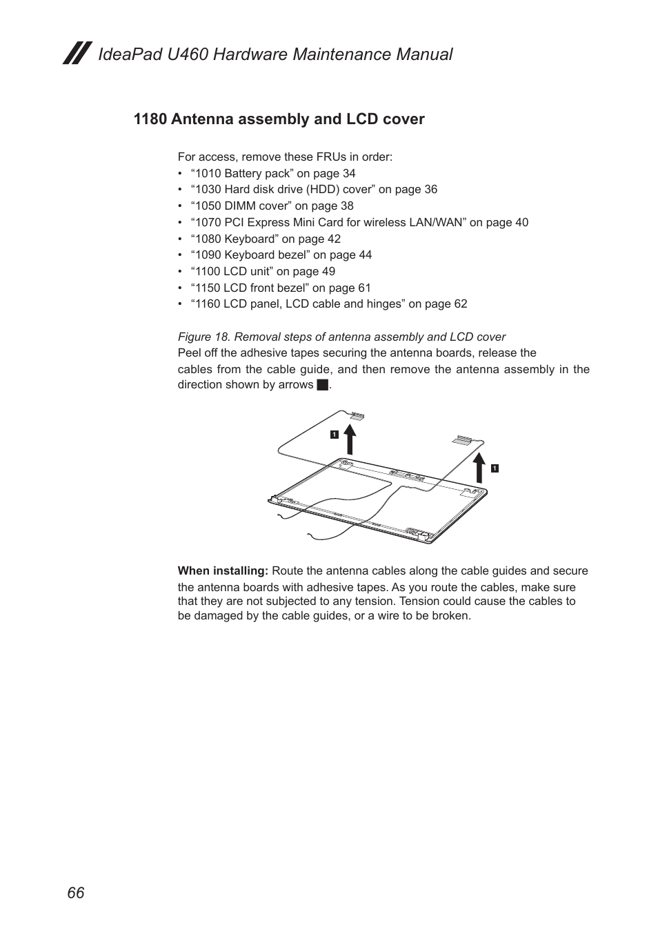 1180 antenna assembly and lcd cover, Ideapad u460 hardware maintenance manual | Lenovo IdeaPad U460s User Manual | Page 70 / 88