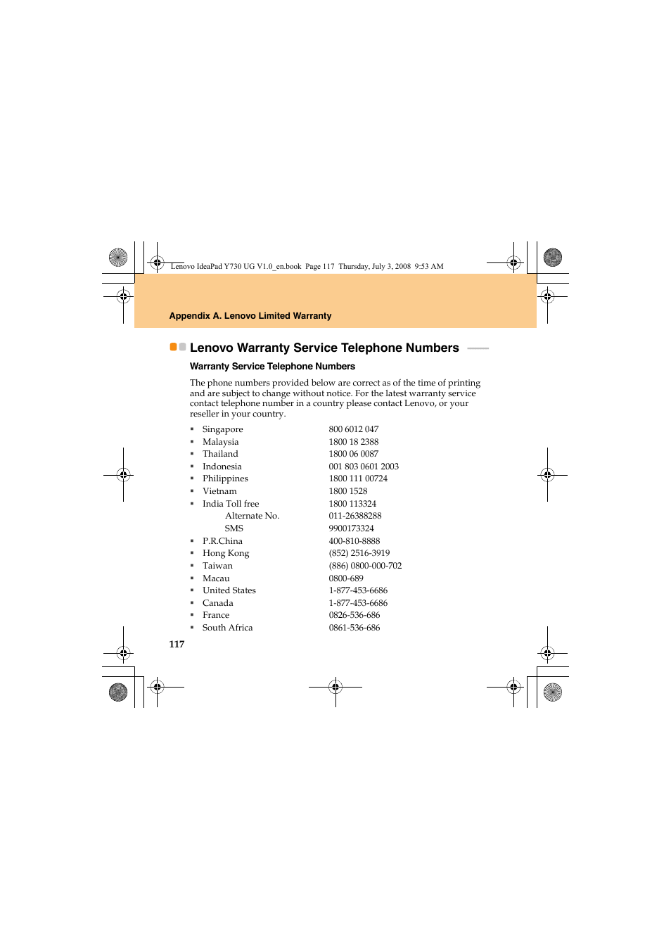 Lenovo warranty service telephone numbers | Lenovo IdeaPad Y730 User Manual | Page 126 / 156