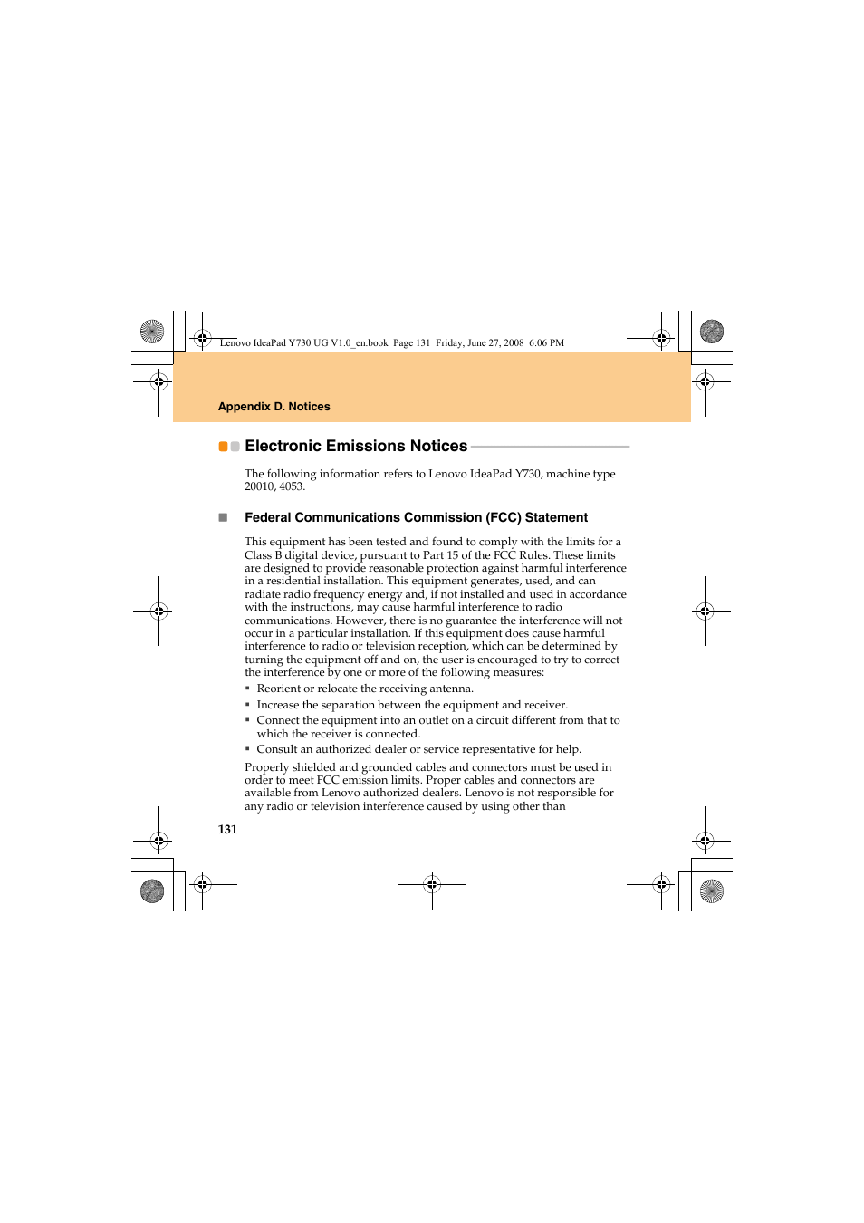 Electronic emissions notices | Lenovo IdeaPad Y730 User Manual | Page 140 / 156