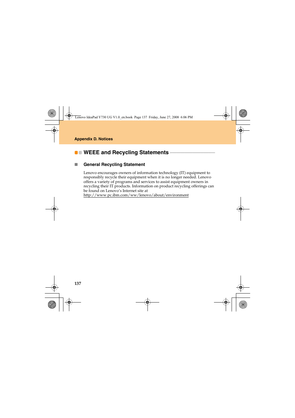 Weee and recycling statements | Lenovo IdeaPad Y730 User Manual | Page 146 / 156