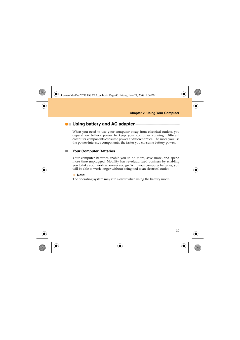 Using battery and ac adapter | Lenovo IdeaPad Y730 User Manual | Page 49 / 156