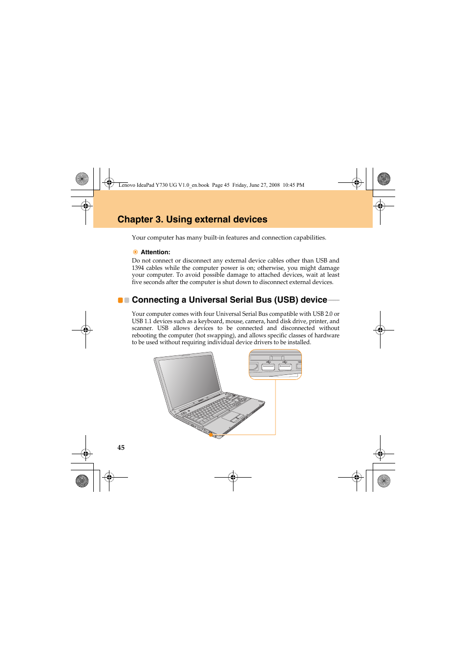 Chapter 3. using external devices, Connecting a universal serial bus (usb) device | Lenovo IdeaPad Y730 User Manual | Page 54 / 156