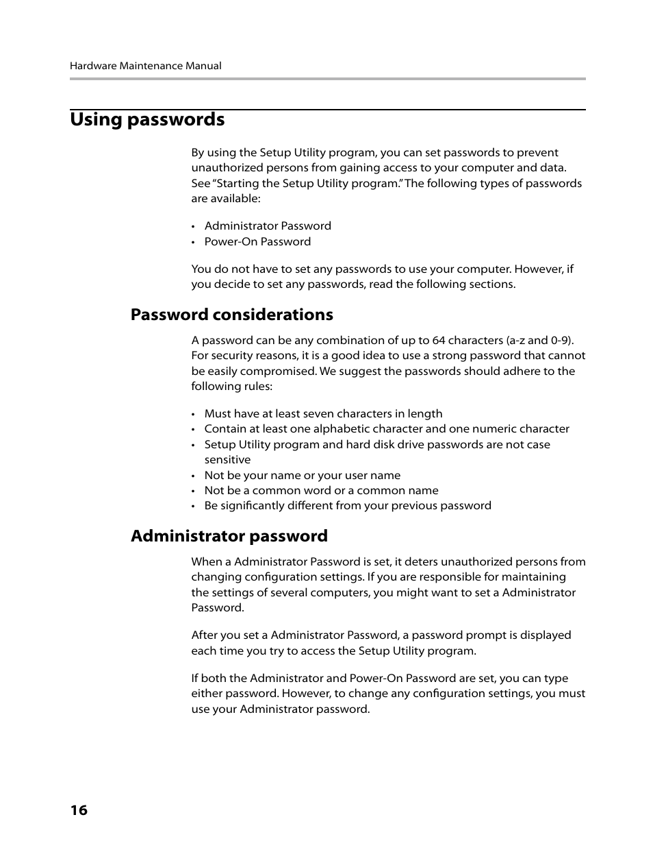Using passwords, Password considerations, Administrator password | Lenovo IdeaCentre A700 User Manual | Page 18 / 59