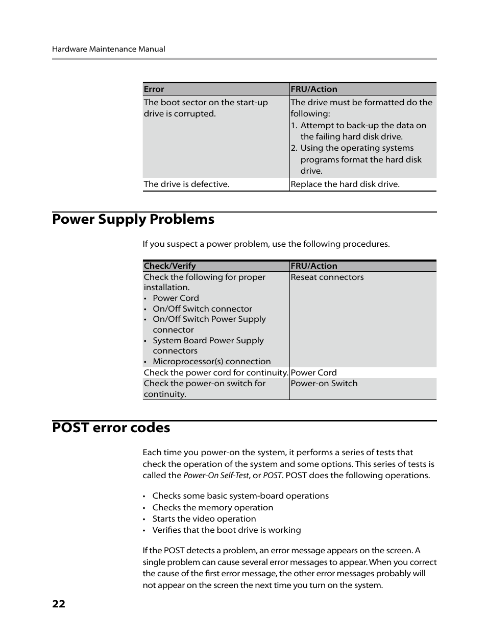 Power supply problems, Post error codes | Lenovo IdeaCentre A700 User Manual | Page 24 / 59