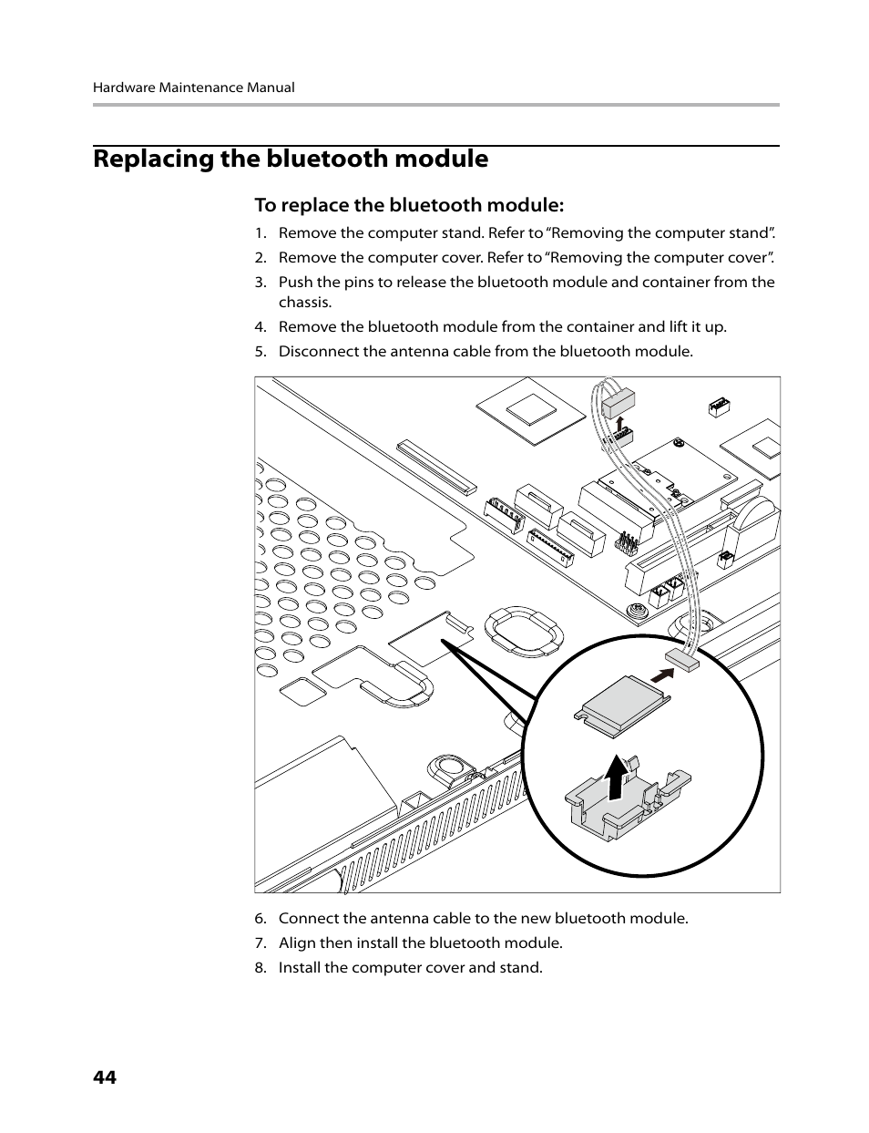 Replacing the bluetooth module | Lenovo IdeaCentre A700 User Manual | Page 46 / 59