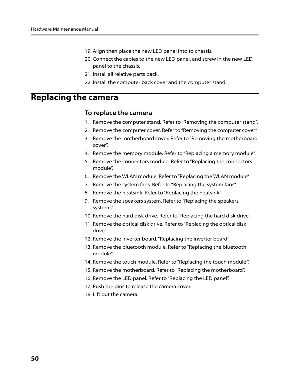 Replacing the camera | Lenovo IdeaCentre A700 User Manual | Page 52 / 59