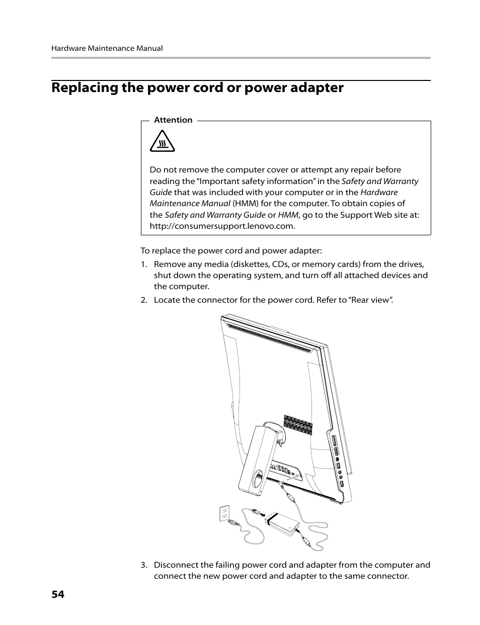 Replacing the power cord or power adapter | Lenovo IdeaCentre A700 User Manual | Page 56 / 59