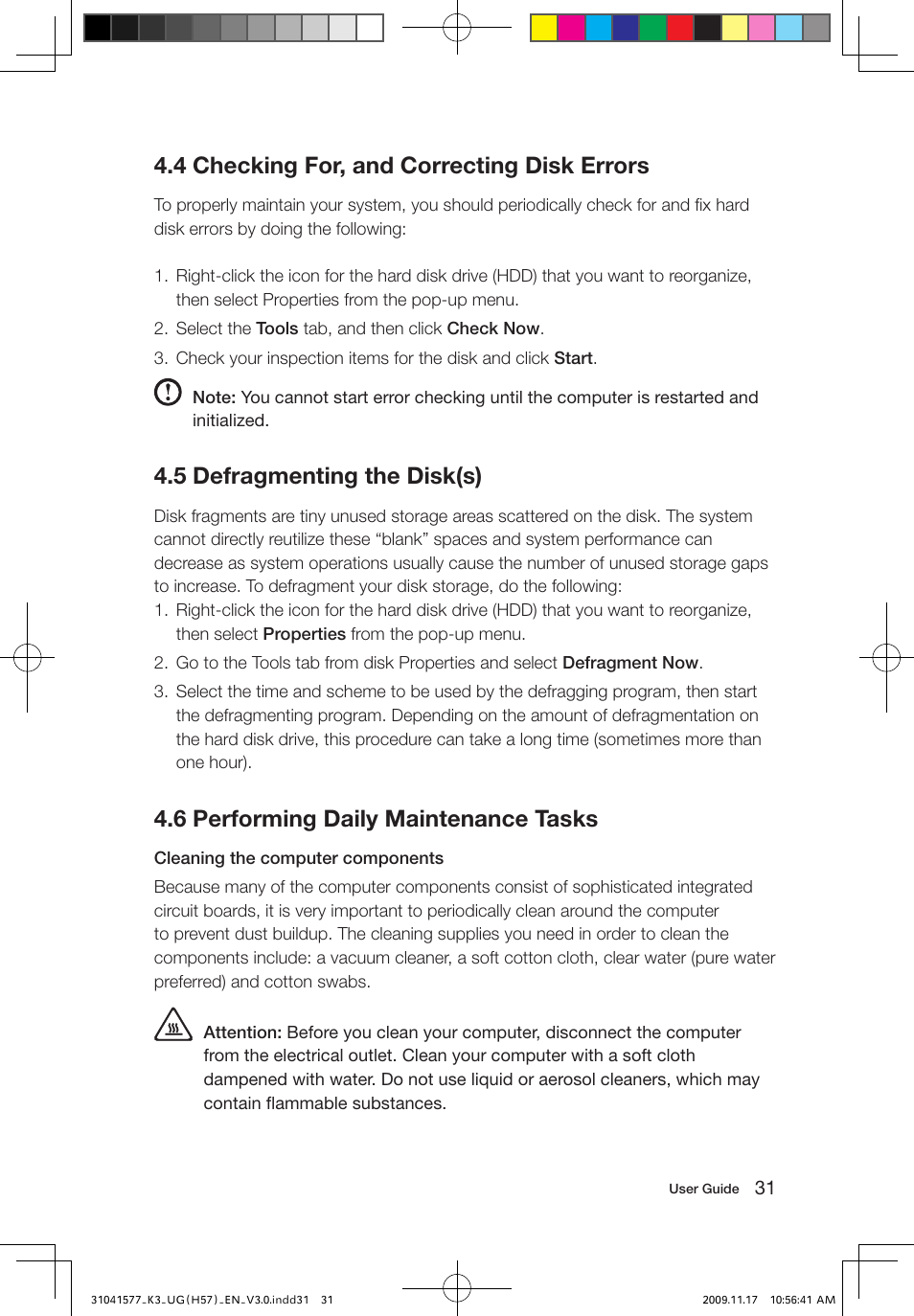 4 checking for, and correcting disk errors, 5 defragmenting the disk(s), 6 performing daily maintenance tasks | Lenovo IdeaCentre K320 User Manual | Page 36 / 43