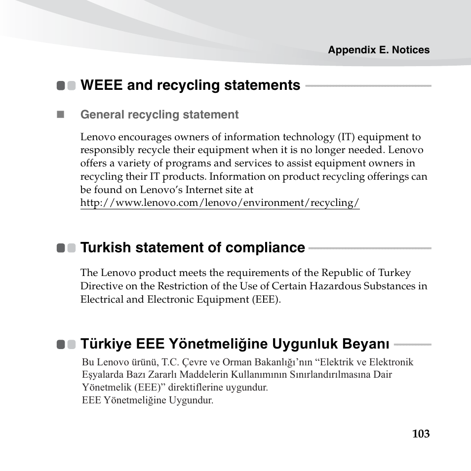 Weee and recycling statements, Turkish statement of compliance, Türkiye eee yönetmeliğine uygunluk beyanı | Lenovo IdeaPad S10-3s User Manual | Page 117 / 130