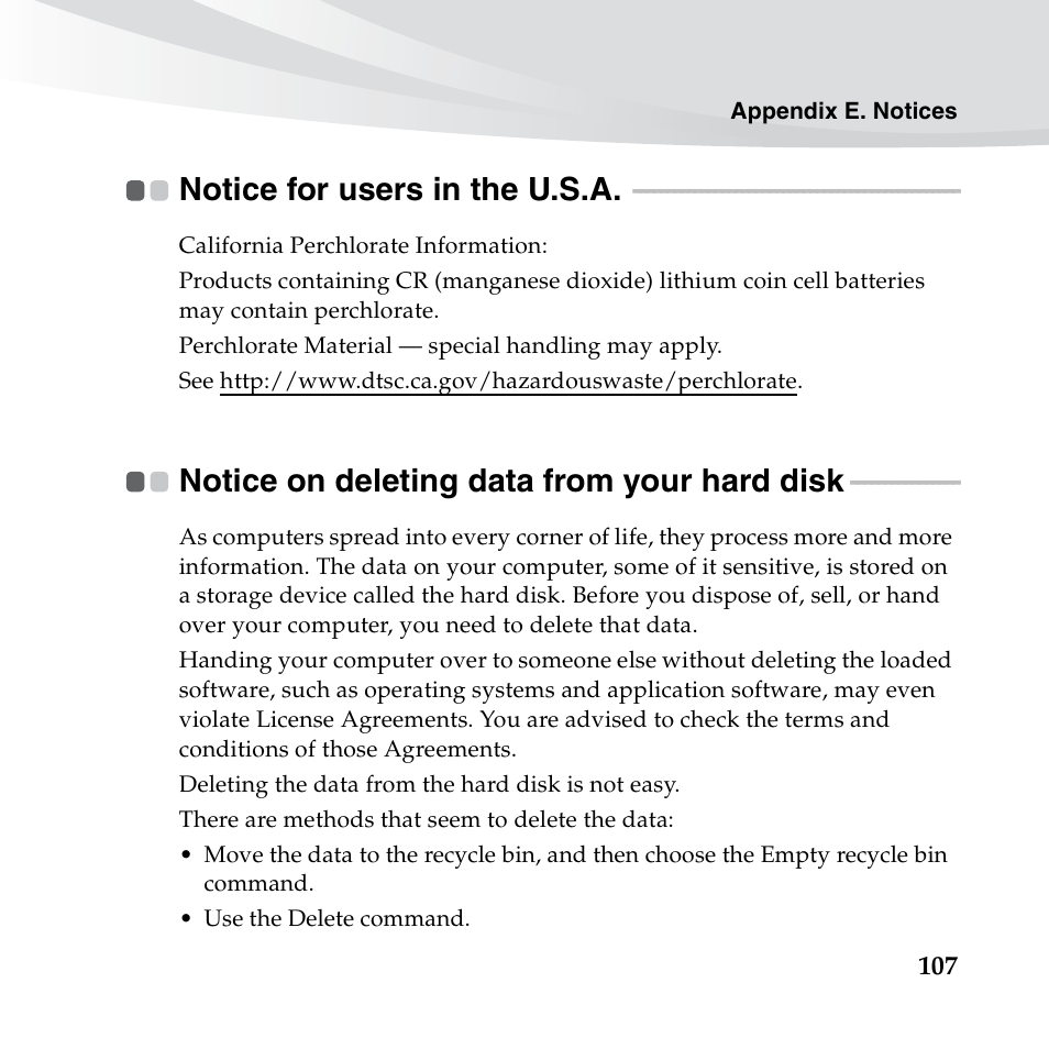 Notice for users in the u.s.a, Notice on deleting data from your hard disk | Lenovo IdeaPad S10-3s User Manual | Page 121 / 130