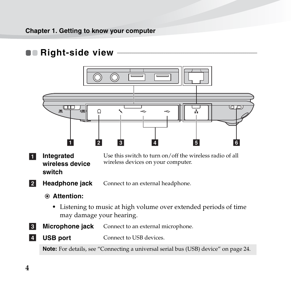 Right-side view | Lenovo IdeaPad S10-3s User Manual | Page 18 / 130