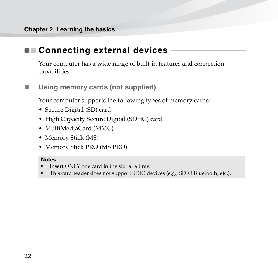 Connecting external devices | Lenovo IdeaPad S10-3s User Manual | Page 36 / 130