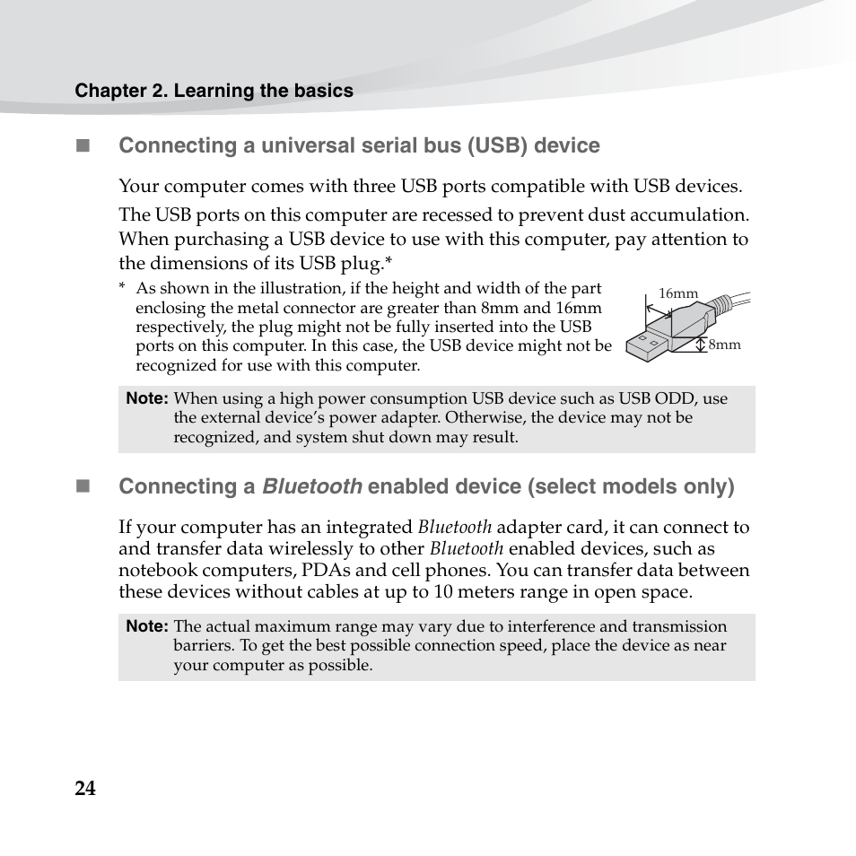 Connecting a universal serial bus (usb) device | Lenovo IdeaPad S10-3s User Manual | Page 38 / 130