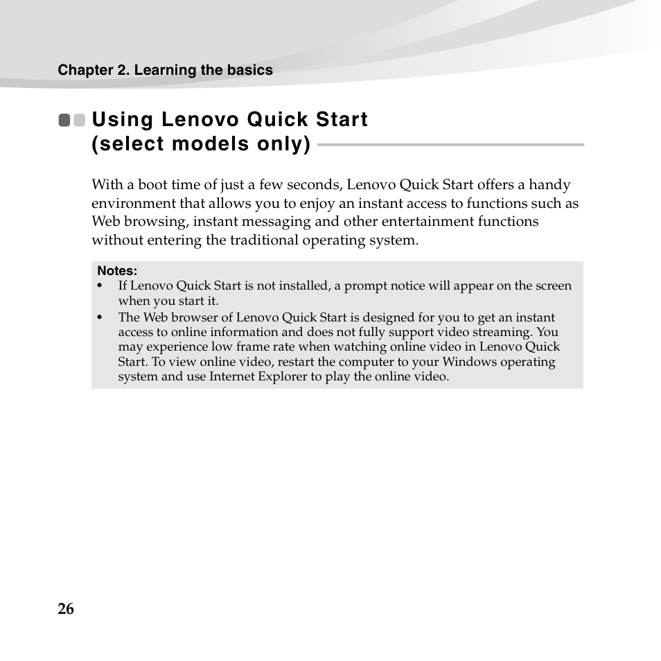 Using lenovo quick start (select models only) | Lenovo IdeaPad S10-3s User Manual | Page 40 / 130