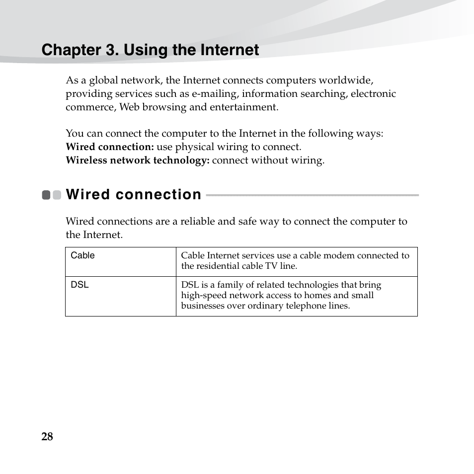 Chapter 3. using the internet, Wired connection | Lenovo IdeaPad S10-3s User Manual | Page 42 / 130