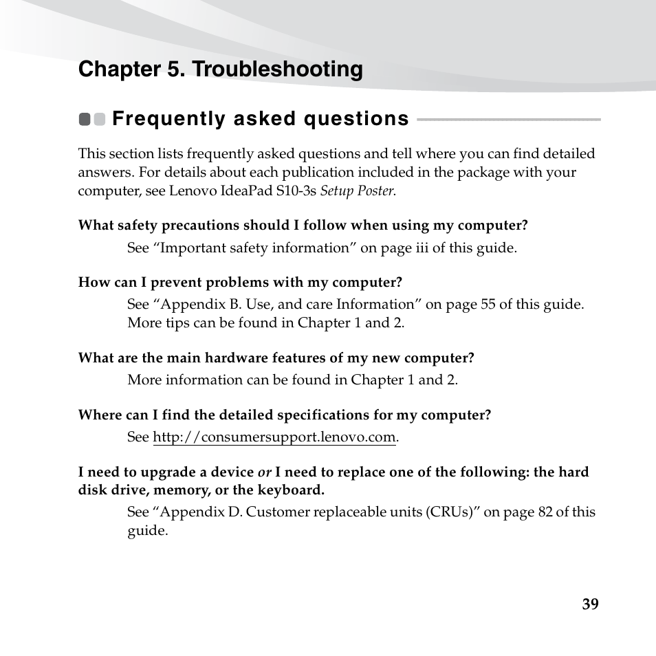 Chapter 5. troubleshooting, Frequently asked questions | Lenovo IdeaPad S10-3s User Manual | Page 53 / 130