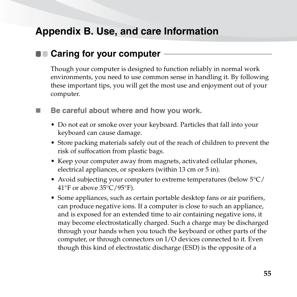 Appendix b. use, and care information, Caring for your computer | Lenovo IdeaPad S10-3s User Manual | Page 69 / 130