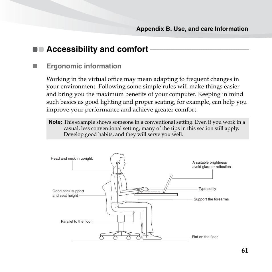 Accessibility and comfort, Ergonomic information | Lenovo IdeaPad S10-3s User Manual | Page 75 / 130