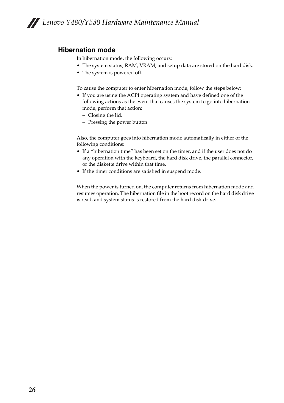 Hibernation mode, 26 hibernation mode | Lenovo IdeaPad Y480 User Manual | Page 30 / 103
