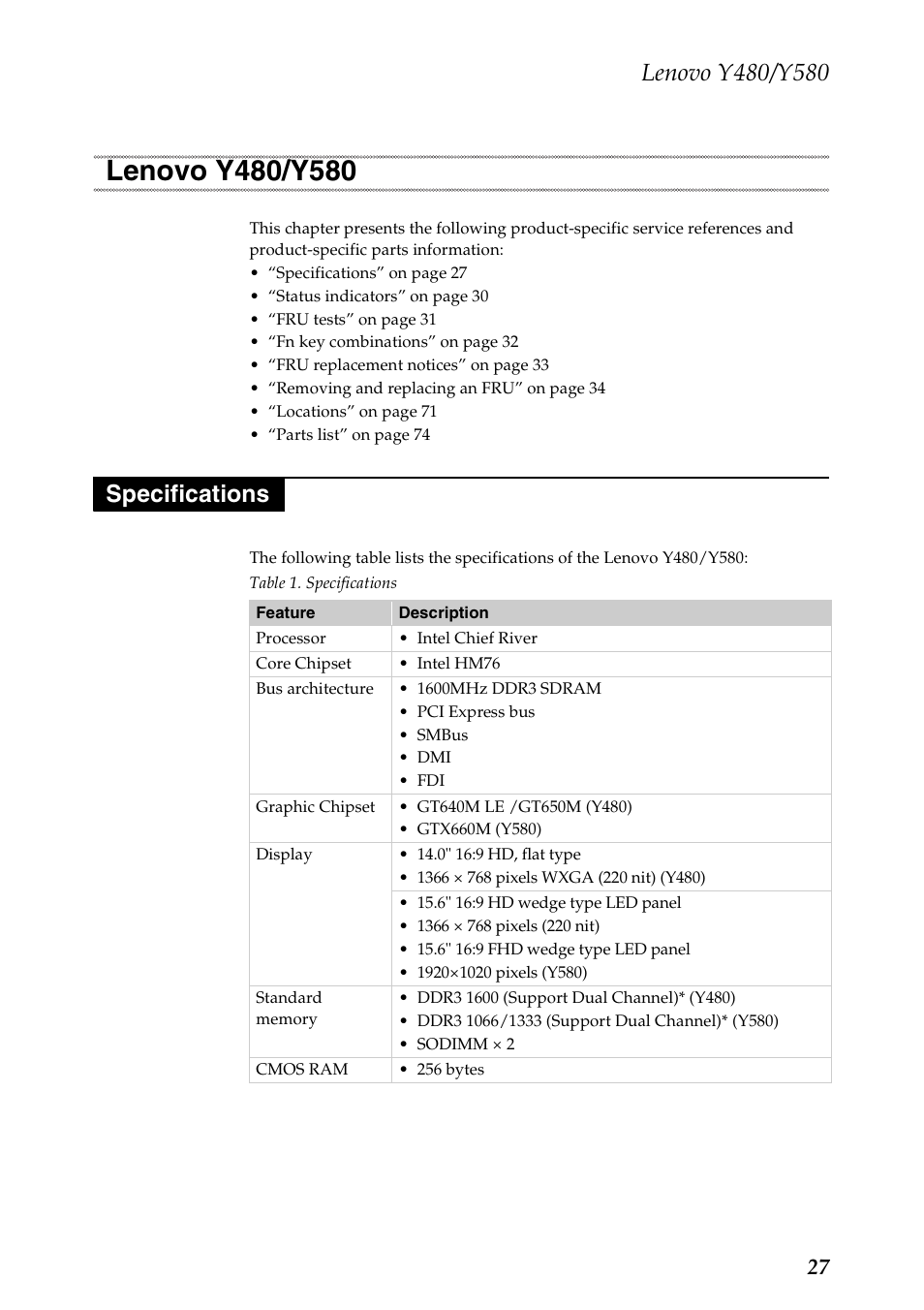 Lenovo y480/y580, Specifications, Lenovo y480/y580 specifications | Lenovo IdeaPad Y480 User Manual | Page 31 / 103
