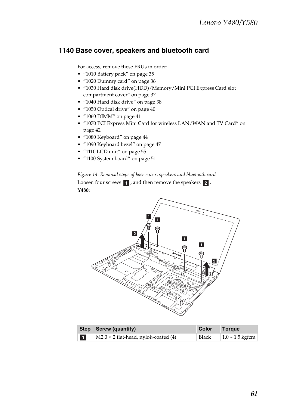 1140 base cover, speakers and bluetooth card | Lenovo IdeaPad Y480 User Manual | Page 65 / 103