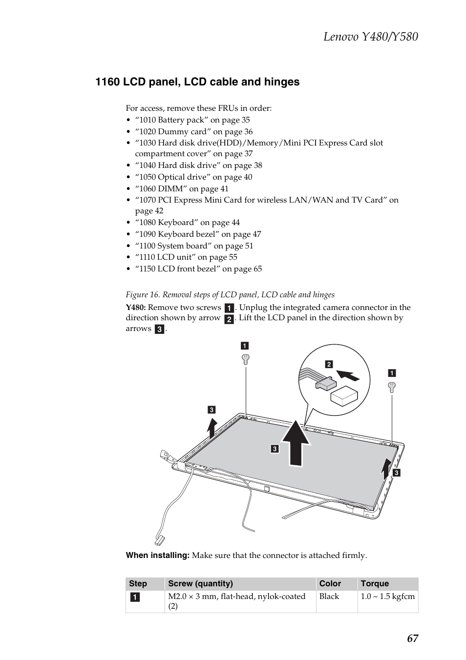 1160 lcd panel, lcd cable and hinges | Lenovo IdeaPad Y480 User Manual | Page 71 / 103