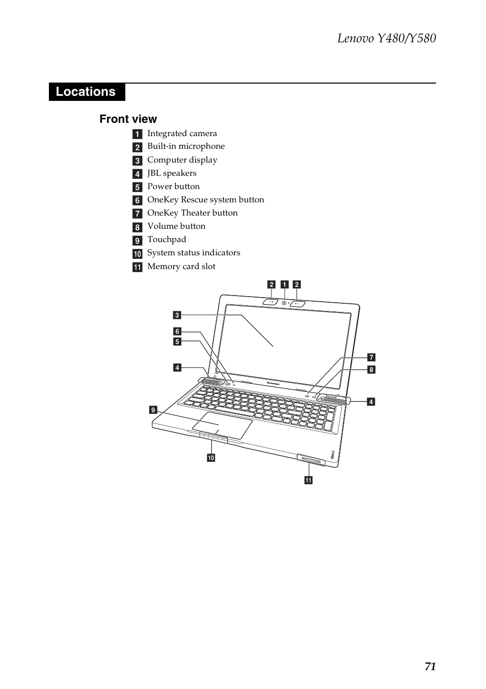 Locations, Front view, 71 front view | Lenovo IdeaPad Y480 User Manual | Page 75 / 103