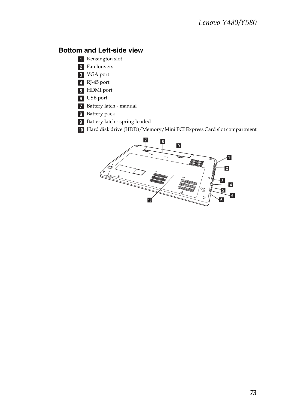 Bottom and left-side view, 73 bottom and left-side view | Lenovo IdeaPad Y480 User Manual | Page 77 / 103