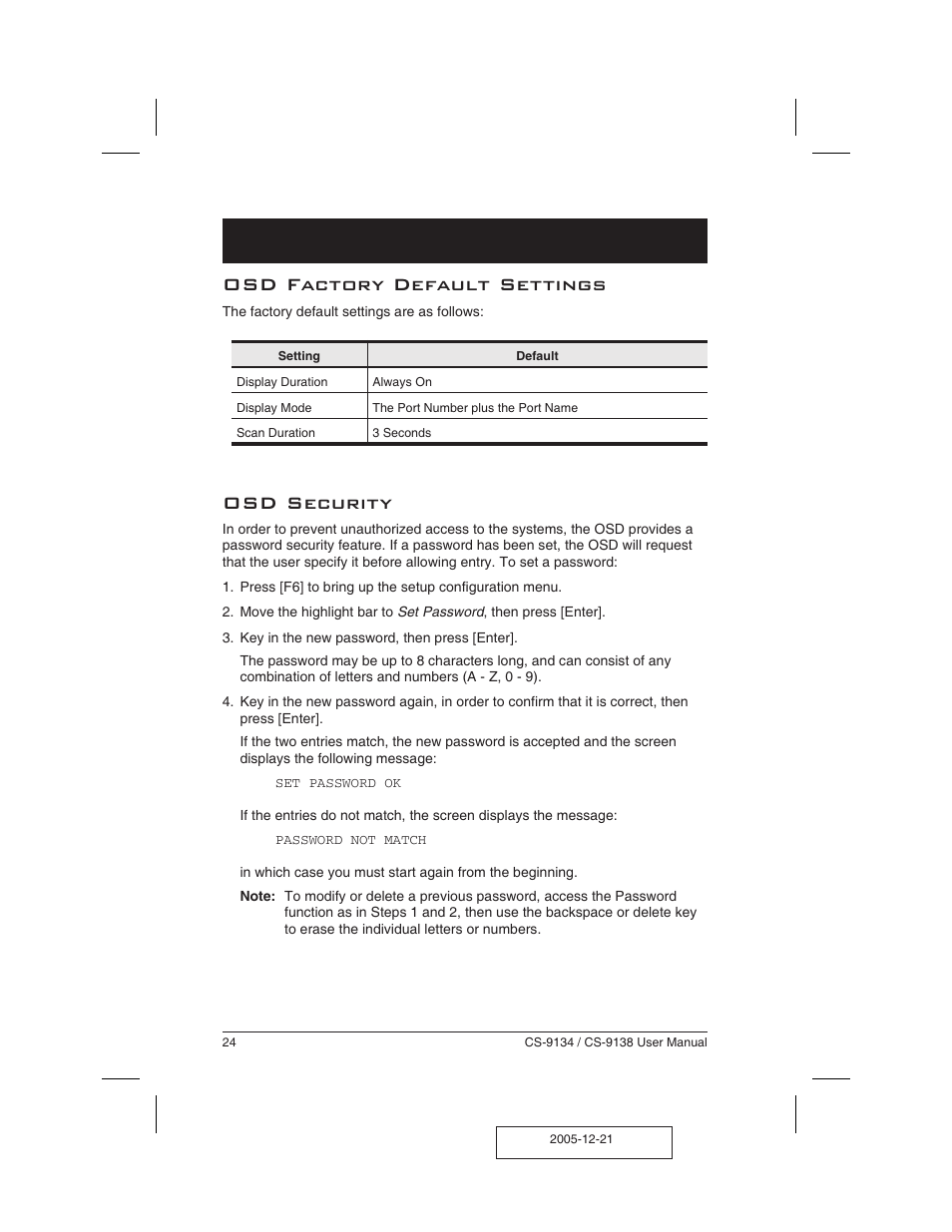 Factory default settings 24, Osd security 24, Osd factory default settings | Osd security | ATEN CS-9134 User Manual | Page 28 / 34